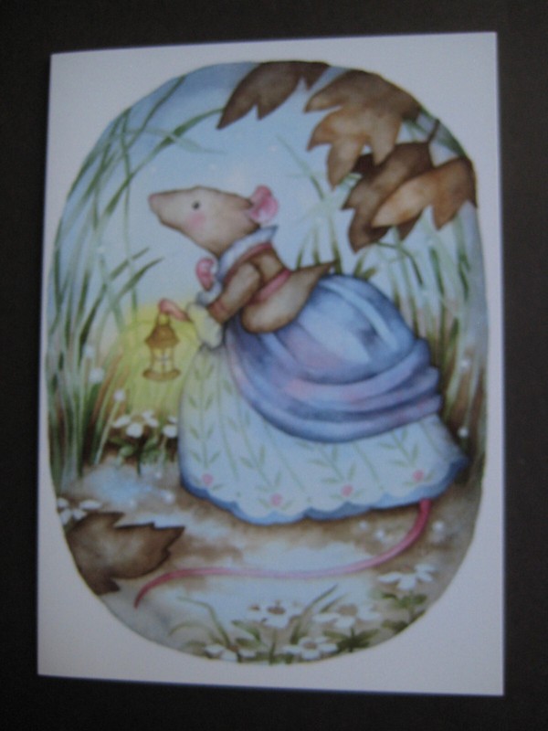 UNUSED vintage greeting card By Carmen Medlin BLANK Mouse in Gown w/ Lantern
