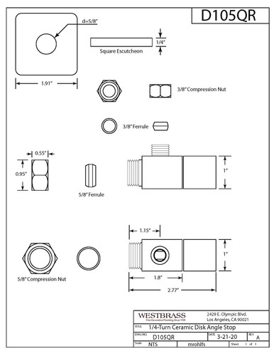 Westbrass D105QS-07 Square Handle 1/4-Turn Angle Stop 1/2" Copper x 3/8" Comp... - Picture 2 of 4