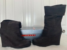  720 Authentic PRADA Women Leather Knee Wedge Boots Dark Brown 38 Excellent Con