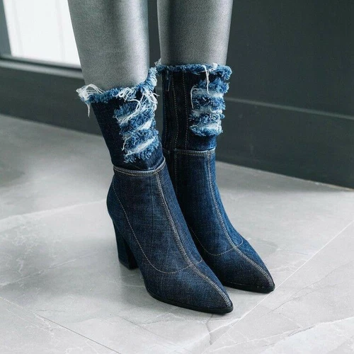 Damen Stiefeletten Schuhe Denim mittlere Wade spitz hohe Absätze gerissener Lochreißverschluss neu - Bild 2 von 16
