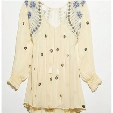 Free People Neon Moon Bali Mini Dress Embroidered Ivory Beaded Boho Festival L