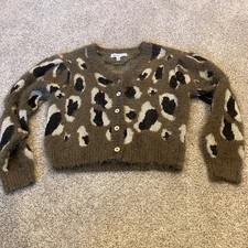 Madden Girl Girls XL 14/16 Fuzzy Leopard Print Cardigan Olive Green Sweater Y2K