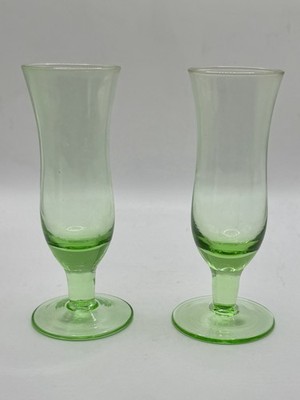 Vintage Pair of Green Glass 4.5  Footed Cordial Shot Glasses