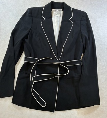 Carlisle Black Blazer White Piping Trim Tie Waist Classic Preppy Size 10 Vtg