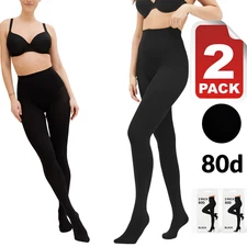 Womens 80D Opaque Black Tights – High Waist Stretch 2-Pack, Soft & Velvety