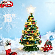 15" Pre-Lit Ceramic Christmas Tree Hand-Painted Tabletop with Lights