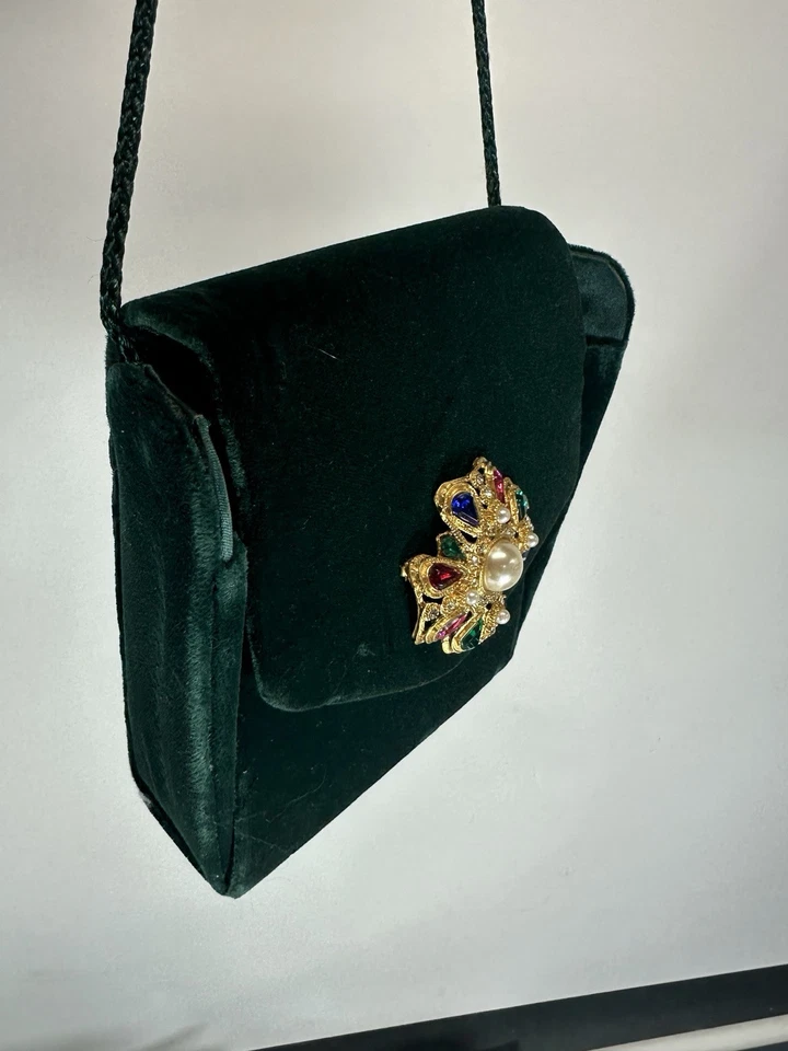 Cartera Vintage Terciopelo Broche Cierre Verde Oscuro Fiesta Bechamel Foto 2 de 4