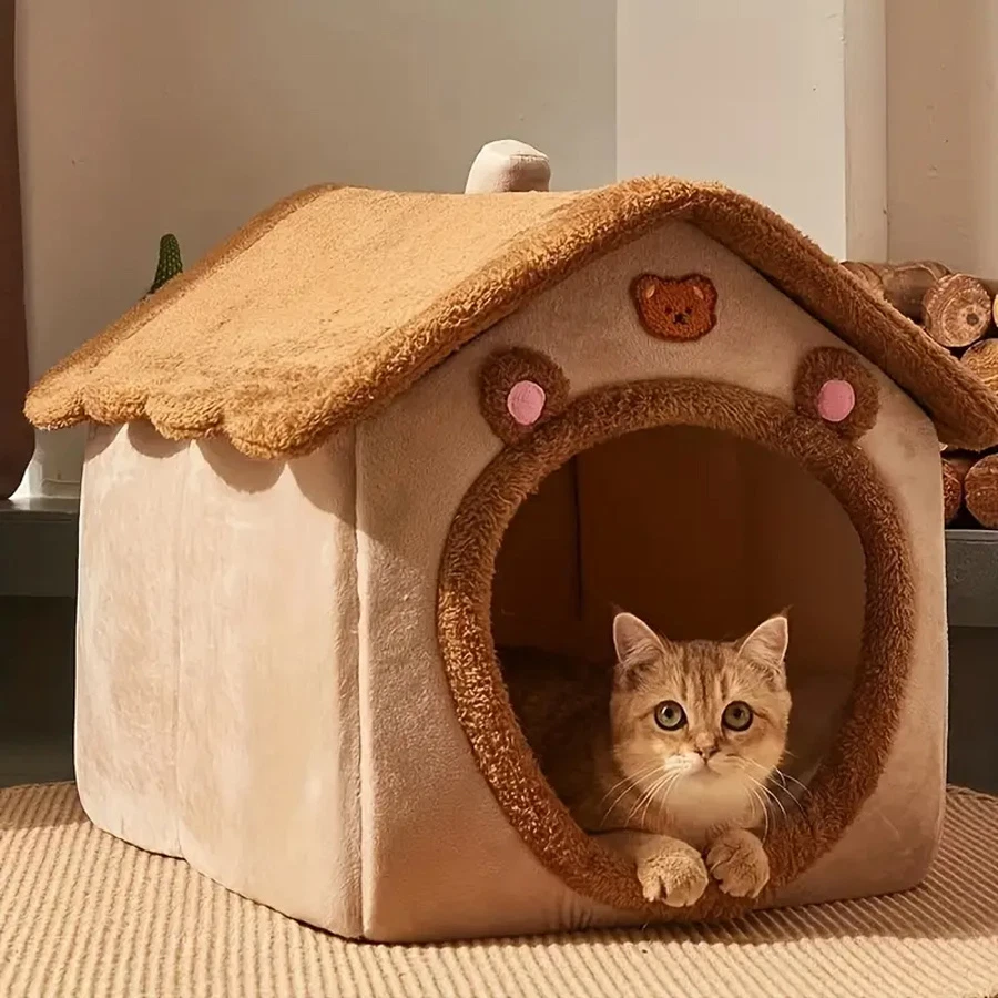 Cute Cat House Bed Warm Pet Mat Super Soft Cushion Warm Brown, Medium
