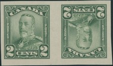 1928, CANADA, KING GEORGE V SCROLL 2C GREEN-HORIZ IMPERF TB PAIR, LH, U#150cvi