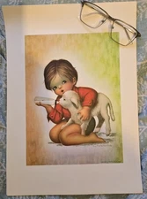 A3 Lithograph Print Boy Feeding A Lamb 1970's Cartoon Vintage Retro