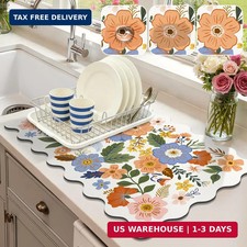 LOKHOM Scalloped Floral Dish Drying Mat, 12"x20" Super Absorbent Coffee Mat with