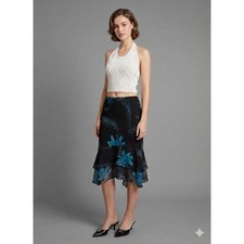 Vtg 90s Y2K Floral Midi Skirt 6 Blue Black Layered High Low Ruffle Hem Fairycore