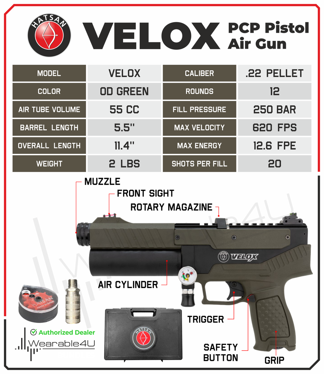 Hatsan Velox Bolt Semi-Auto PCP OD Green .22 Cal Air Pistol