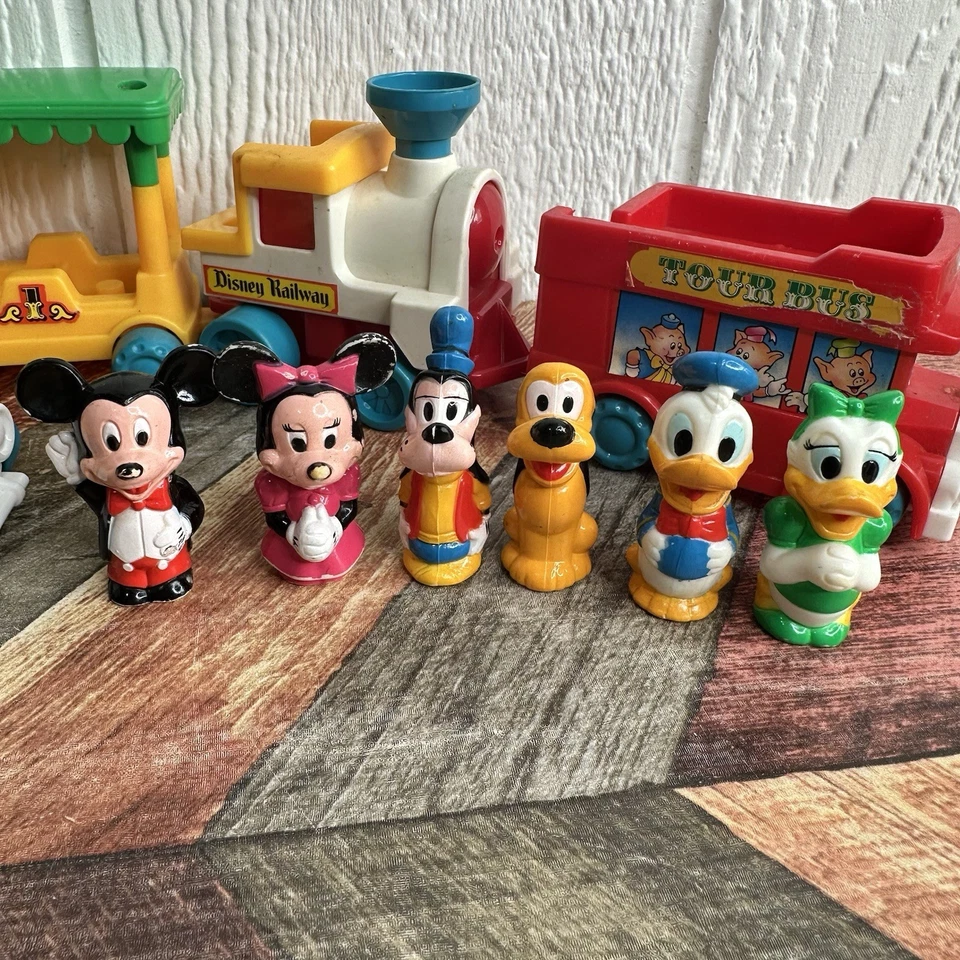 Vintage Disney Railway Train Set 6 Figures Mickey, Minnie, & More. Bus & Trolly - Image 2 of 4
