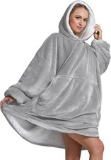 Oversized Wearable Hoodie Blanket Ultra Soft Sherpa Fleece Oodies Light Grey 