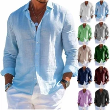 Men Cotton Linen Long Sleeve Dress Shirt Casual Plain Button-up Baggy Beach Tops
