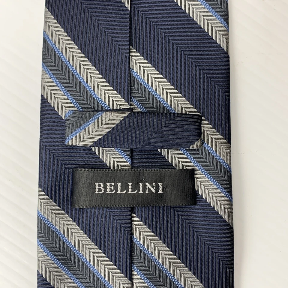Corbata Bellini para hombre 3,5" x 58" azul marino plateada a rayas jacquard corbata iglesia corbata Foto 4 de 4