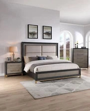 3pc Modern Bedroom Set Panel Queen Bed Chest Nightstand Furniture Black Brown