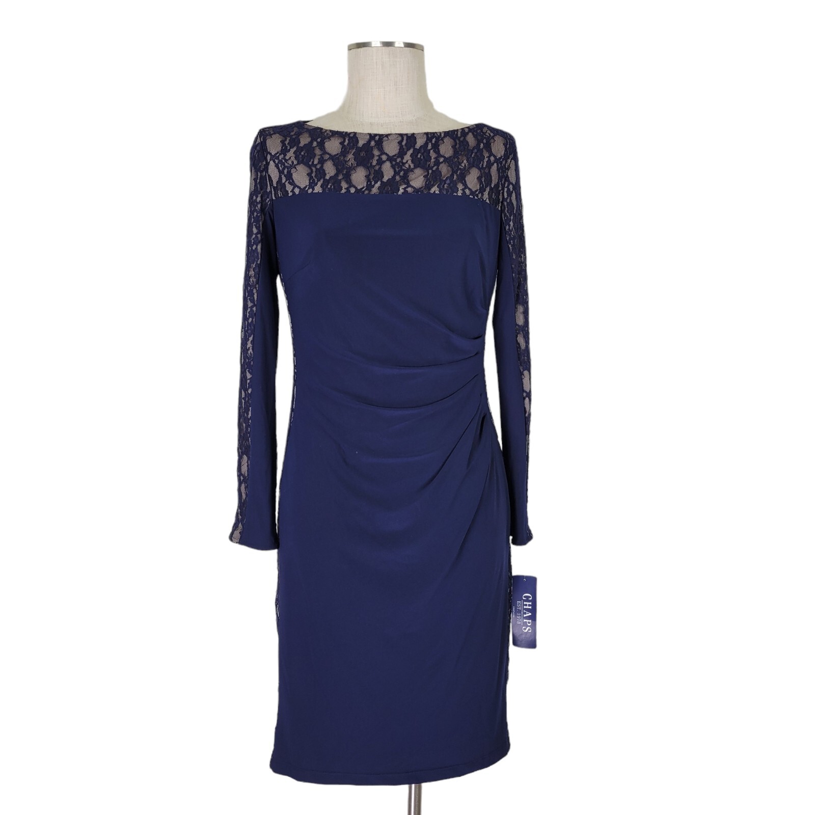 Chaps Lace Dress Navy Taupe Ruching Long Sleeves Pullover Jersey New Chaps Lace Dress Navy Taupe Ruching Long Sleeves Pullover Jersey New