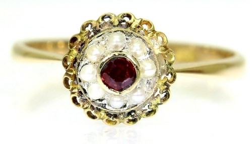 Edwardian Ruby & Pearl Cluster 9ct Yellow Gold Ring size Q 1/2 ~ 8 - Afbeelding 1 van 11