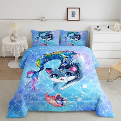 Rainbow Cartoon Cat Bed Sheet Set Colorful Mermaid Comforter