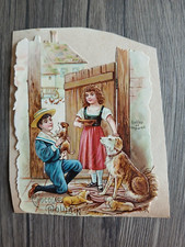 carte CHROMO CHOCOLAT CACAO POULAIN  12,5cm X 9 cm ENFANTS et chien  chiot