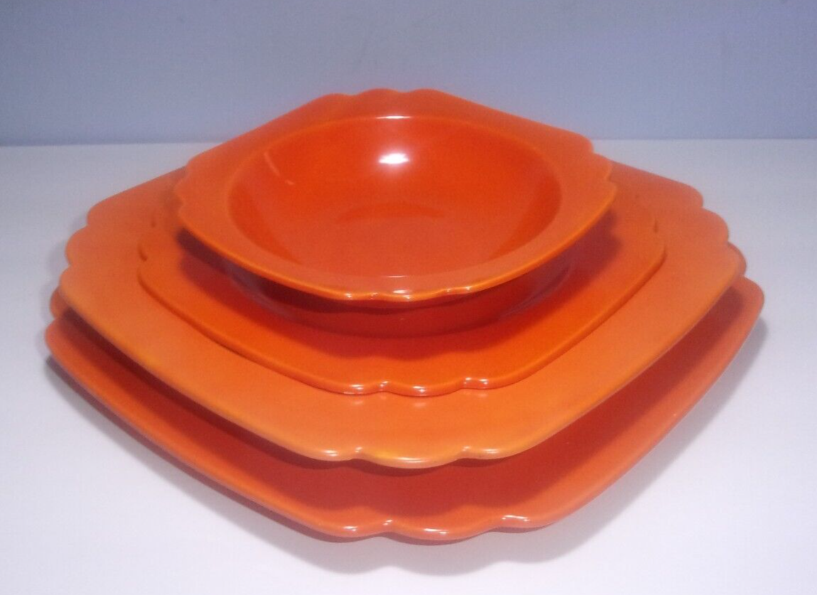 Riviera Ware Homer Laughlin Radioactive Red Orange Art Deco Plate Bowls