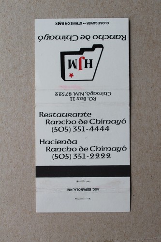 HJM Rancho de Chimayo, Chimayo New Mexico  Matchbook Cover - Foto 1 di 2