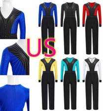 Kids Boys Color Block Sparkle Figure Skating Jumpsuit Latin Dance Leotard