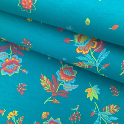 Jersey Stoff Blumen Blätter Türkis Petrol Baumwolljersey Muster