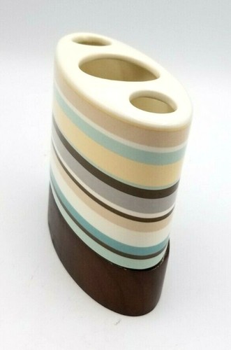 Handcrafted Ceramic Toothbrush Holder On Wood Base Brown Green Cream Striped - Picture 3 of 7