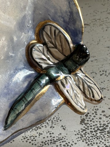 Heather Goldmine Vtg Pottery 2 pc Dragonfly Candle Holder Tray 2000 Fairy Garden - Picture 10 of 15