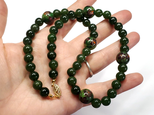 Vintage 14k Gold Clasp Dark Green Chinese Jade Cloisonne Enamel Beaded Necklace - Picture 5 of 10
