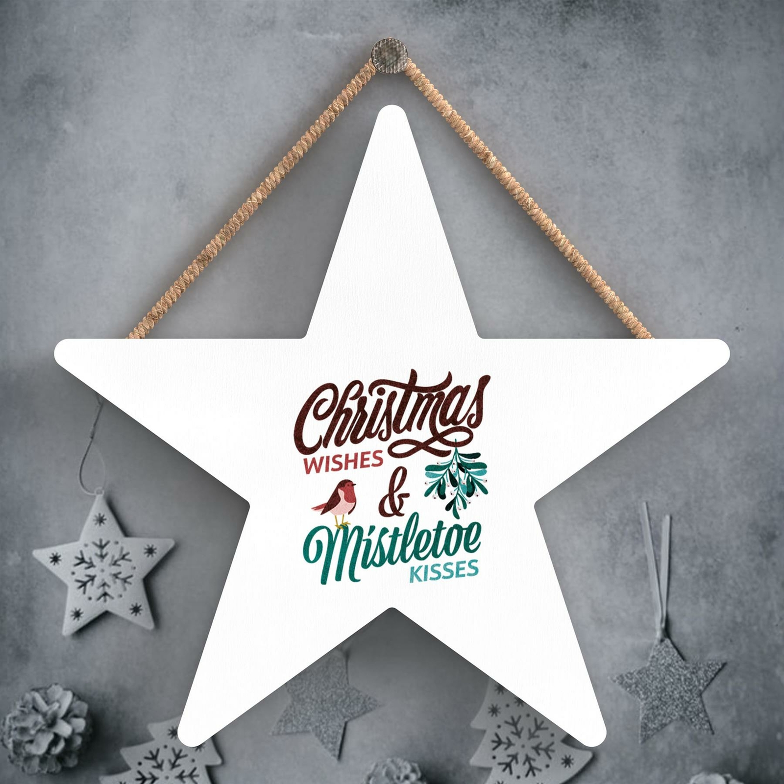 CHRISTMAS WISHES MISTLETOE KISSES RED AND GREEN TYPOGRAPHY STAR SHAPED PLAQUE