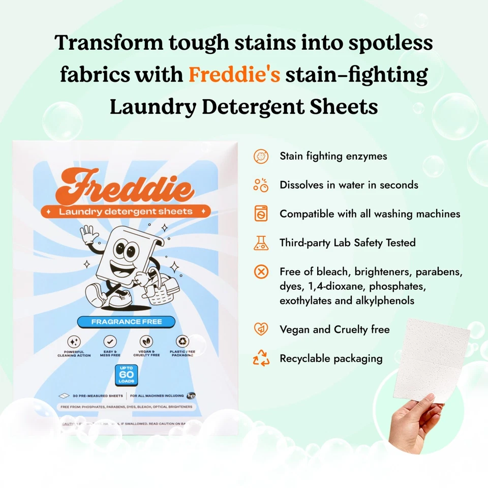 Paquete de 3 hojas de detergente para ropa Freddie - 180 cargas (90 hojas) Foto 2 de 4