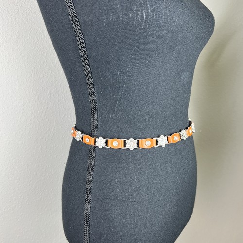 Girl’s Rhinestone Floral Design with Orange Leather Tabs Chainlink Belt Small - Picture 3 of 12