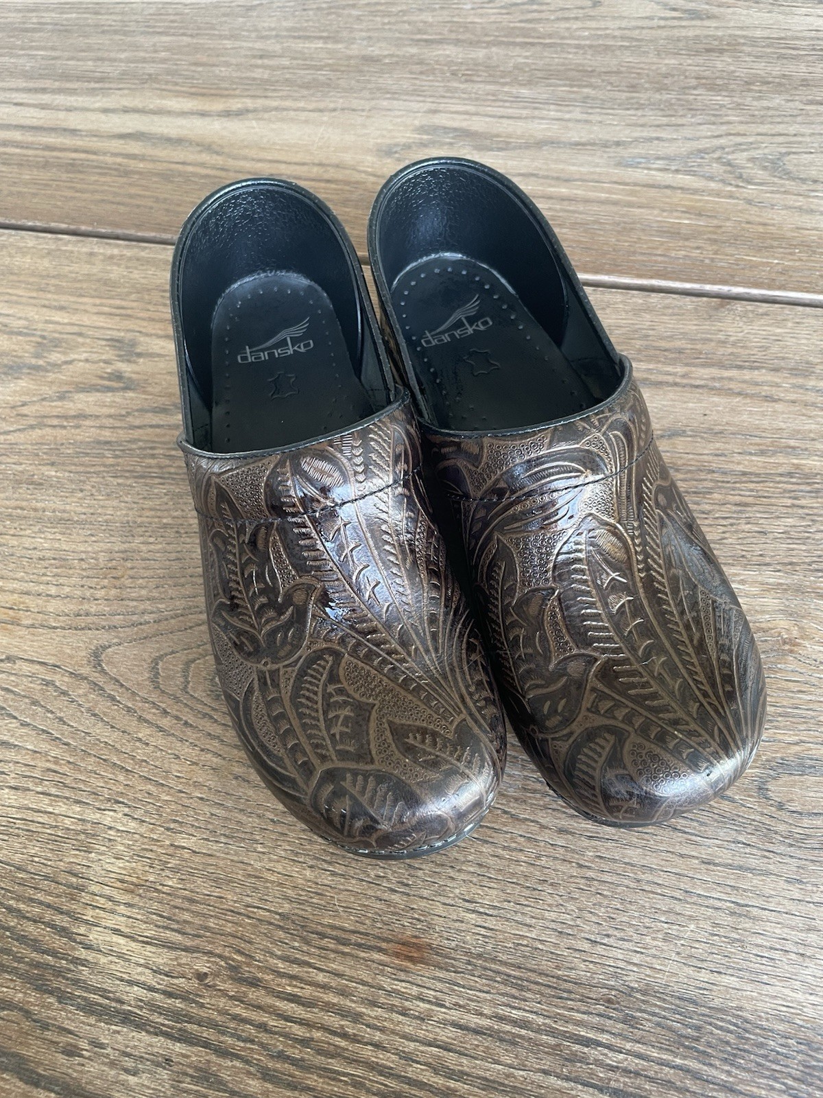 Dansko Brown Patterned Embossed Clogs Work Shoes … - image 1