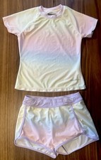 Girl's Eddie Bauer Youth 2 piece Swim Set S/S Rash Guard Pastels SMALL 7/8