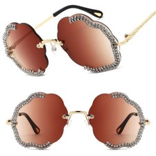 Fancy Gold Geometric Sunglasses Womens Vintage Scalloped Rimless Rhinestone