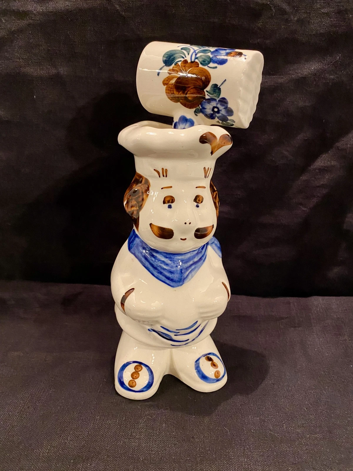 RARE Vintage Ceramic Chef w/meat Mallet Tenderizer Kitchen Utensil Holder