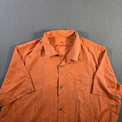 Tommy Bahama Shirt Mens 2XL Orange Silk Grid Hawaiian Loop Collar Camp Beach