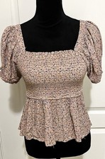 Hippie Rose Summer Dusty Pink Floral Smocked Square-Neck Puff Sleeve Top Size L
