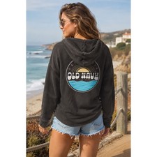 Old Navy Womens California Graphic Hoodie Washed Charcoal V-Neck Sweatshirt Med