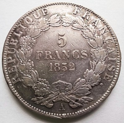 1852 A France Louis Napoleon 5 Francs Silver One Year Type VF Details