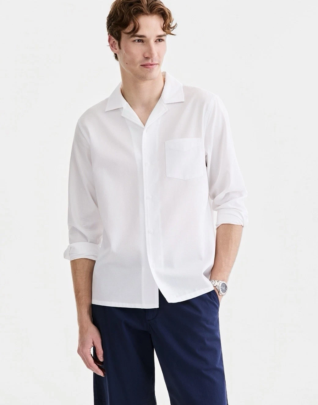 Club Room Men's Cotton Long Sleeve Casual Summer Shirt Camp- Collar White