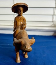 VTG Hand Carved Wooden Folk Art Farmer Cow Figure Rustic MCM Decor READ 
