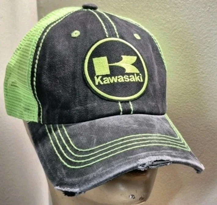 Kawasaki Motorcycle Trucker Hat Distressed Ball Cap Neon Green Hat KAWASAKI ATVS