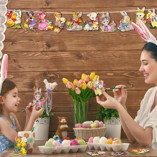 24 Pcs Easter Wooden Hanging Ornaments Vintage Egg Cutouts Decoration... - Picture 6 of 7