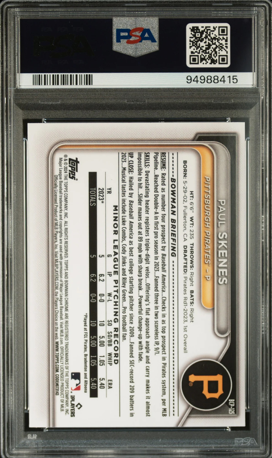2024 Bowman #BCP125 Paul Skenes Rookie Chrome Prospects PSA 9 MINT view 2