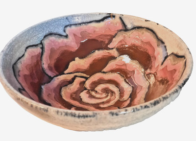 Handmade Raku Pottery Bowl/Rose Motif inside w/Crackle Glaze Finish-signed Hagen